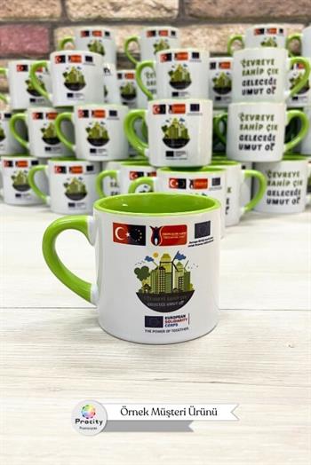 Porselen Logo Baskılı Promosyon İçi ve Kulpu Yeşil Mini Kupa Bardak