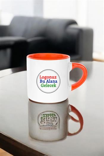 Porselen Logo Baskılı Promosyon İçi ve Kulpu Turuncu Mini Kupa Bardak