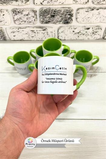 Porselen Logo Baskılı Promosyon İçi ve Kulpu Yeşil Mini Kupa Bardak