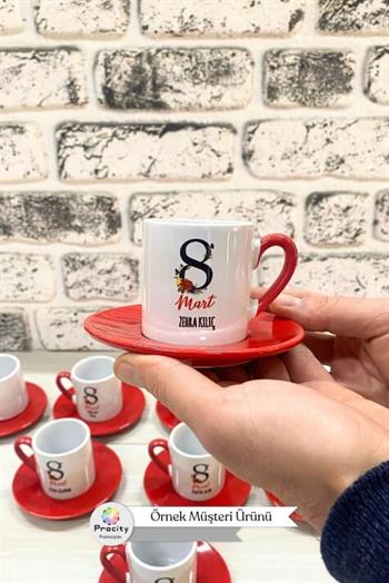 Porselen Logo Baskılı Promosyon Silindir Kırmızı Türk Kahvesi Fincanı