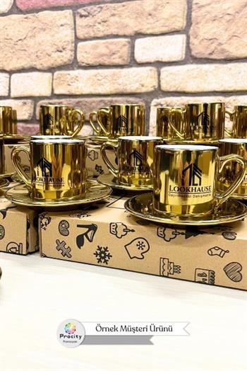 Porselen Logo Baskılı Promosyon Silindir Gold Türk Kahvesi Fincanı