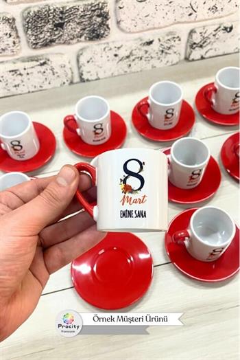 Porselen Logo Baskılı Promosyon Silindir Kırmızı Türk Kahvesi Fincanı