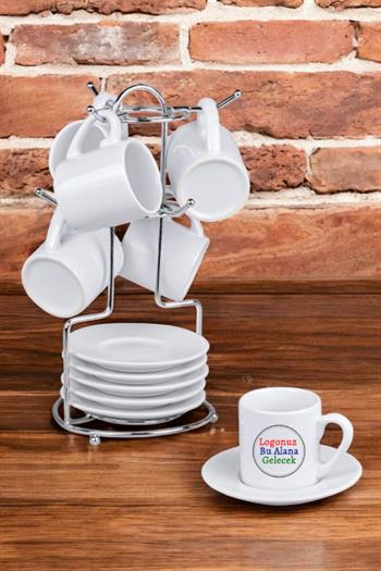 Porselen Logo Baskılı Salkım Standlı Promosyon Türk Kahvesi Fincanı Takımı