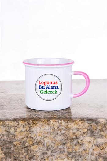 Porselen Logolu Kulpu ve Ağız Çevresi Pembe Enamel Promosyon Kupa Bardak