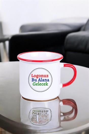 Porselen Logolu Kulpu ve Ağız Çevresi Kırmızı Enamel Promosyon Kupa Bardak