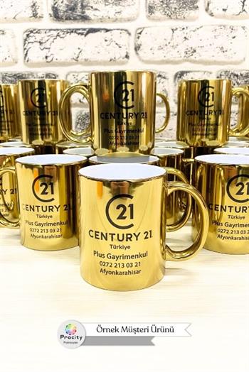Porselen Silindir Logo Baskılı Aynalı Gold Promosyon Kupa Bardak