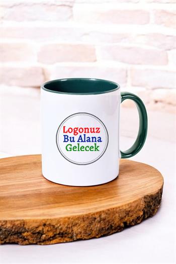 Porselen Silindir Logolu İçi ve Kulpu Yeşil Promosyon Kupa Bardak