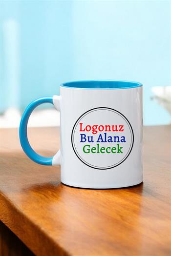 Porselen Silindir Logolu İçi ve Kulpu Mavi Promosyon Kupa Bardak