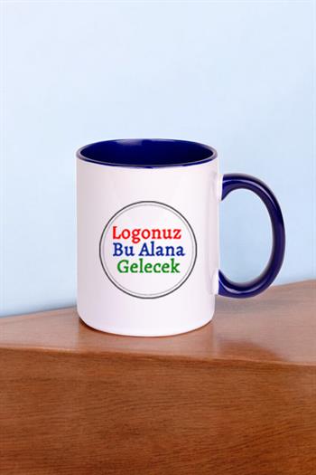 Porselen Silindir Logolu İçi ve Kulpu Lacivert Promosyon Kupa Bardak