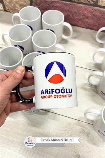 Porselen Silindir Logolu İçi ve Kulpu Siyah Promosyon Kupa Bardak