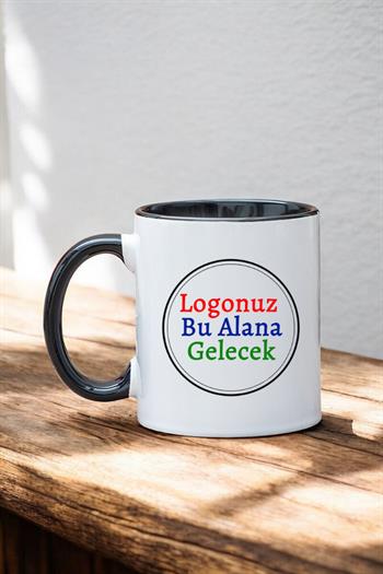 Porselen Silindir Logolu İçi ve Kulpu Siyah Promosyon Kupa Bardak