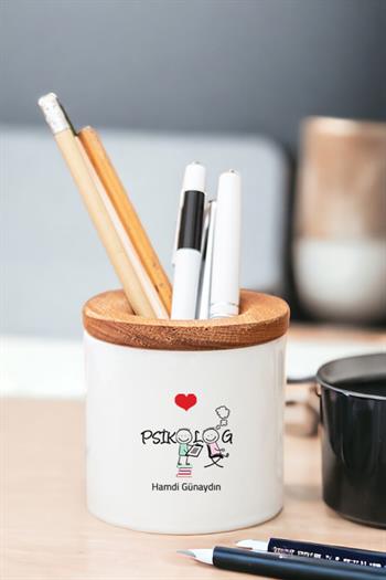 Psikolog Ahşap Kapaklı Kalemlik