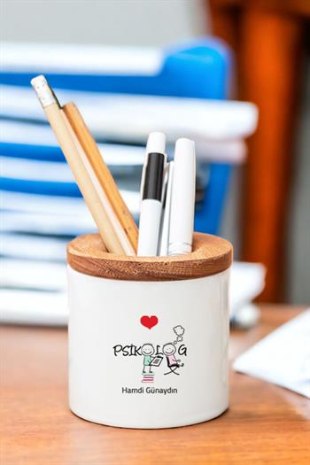 Psikolog Ahşap Kapaklı Kalemlik