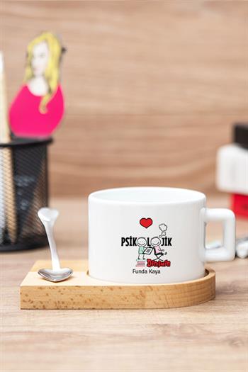 Psikolojik Danışmana Hediye Seti Ahşap Altlıklı Fincan ve Kalemlik