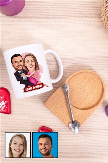 Romantik Sevgililer Günü Hediyesi Karikatürlü Ahşap Altlıklı Beyaz Kupa Bardak