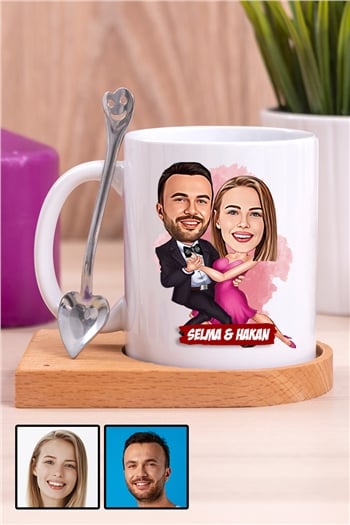 Romantik Sevgililer Günü Hediyesi Karikatürlü Ahşap Altlıklı Beyaz Kupa Bardak