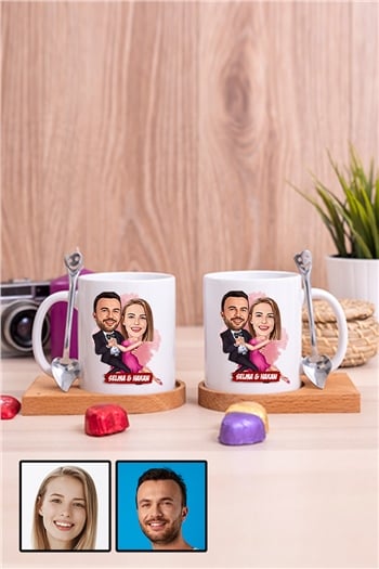 Romantik Sevgililer Günü Hediyesi Karikatürlü İkili Ahşap Altlıklı Beyaz Kupa Bardak