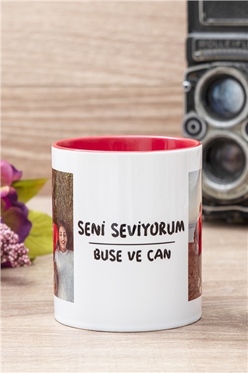 Seni Seviyorum İsimli 2 Fotoğraflı İçi Renkli Kupa Bardak
