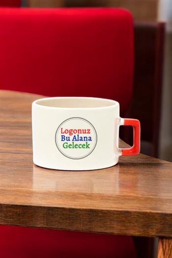 Seramik Logo Baskılı Kırmızı Kulplu Promosyon Çay ve Kahve Fincanı