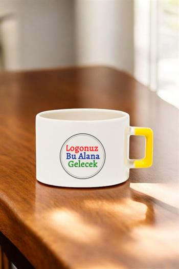 Seramik Logo Baskılı Sarı Kulplu Promosyon Çay ve Kahve Fincanı