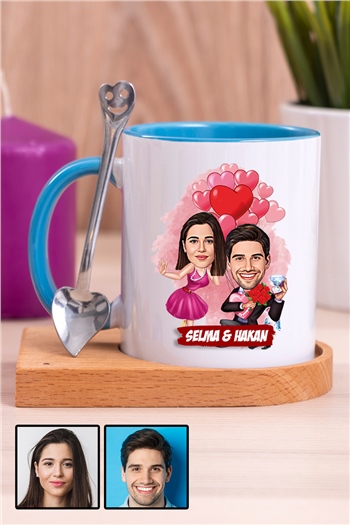 Sevgililer Günü Hediyesi Karikatürlü Ahşap Altlıklı İçi Renkli Kupa Bardak