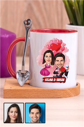 Sevgililer Günü Hediyesi Karikatürlü Ahşap Altlıklı İçi Renkli Kupa Bardak