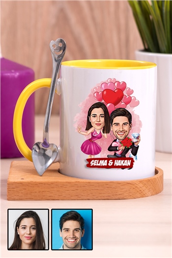 Sevgililer Günü Hediyesi Karikatürlü Ahşap Altlıklı İçi Renkli Kupa Bardak