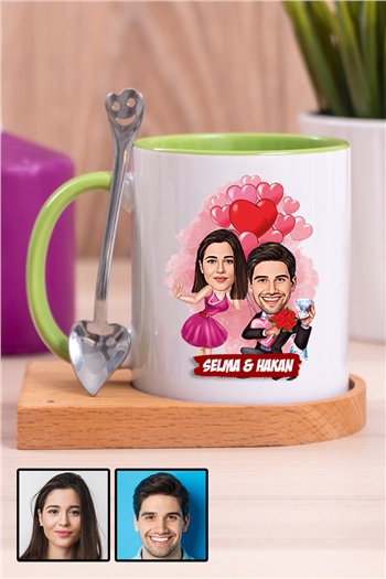 Sevgililer Günü Hediyesi Karikatürlü Ahşap Altlıklı İçi Renkli Kupa Bardak