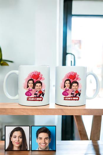 Sevgililer Günü Hediyesi Karikatürlü İkili Beyaz Kupa Bardak