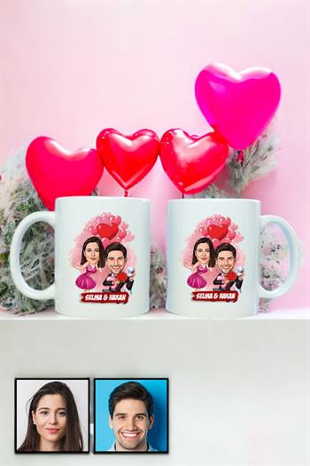 Sevgililer Günü Hediyesi Karikatürlü İkili Beyaz Kupa Bardak