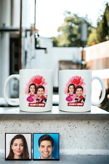 Sevgililer Günü Hediyesi Karikatürlü İkili Beyaz Kupa Bardak
