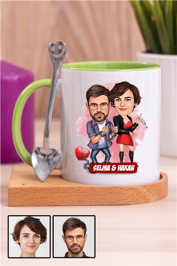 Sevgililere İlginç Hediye  Karikatürlü Ahşap Altlıklı İçi Renkli Kupa Bardak