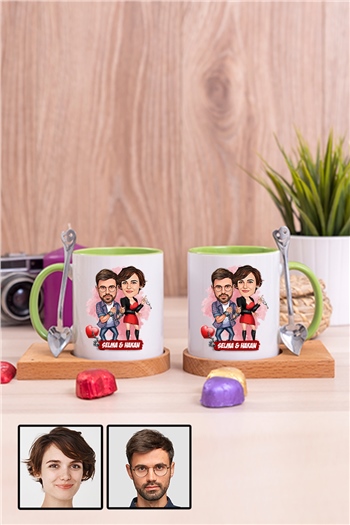 Sevgililere İlginç Hediye  Karikatürlü İkili Ahşap Altlıklı İçi Renkli Kupa Bardak