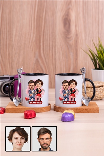 Sevgililere İlginç Hediye  Karikatürlü İkili Ahşap Altlıklı İçi Renkli Kupa Bardak