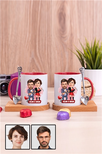 Sevgililere İlginç Hediye  Karikatürlü İkili Ahşap Altlıklı İçi Renkli Kupa Bardak