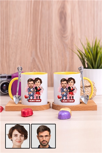 Sevgililere İlginç Hediye  Karikatürlü İkili Ahşap Altlıklı İçi Renkli Kupa Bardak