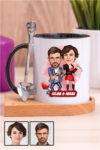 Sevgililere İlginç Hediye  Karikatürlü Ahşap Altlıklı İçi Renkli Kupa Bardak