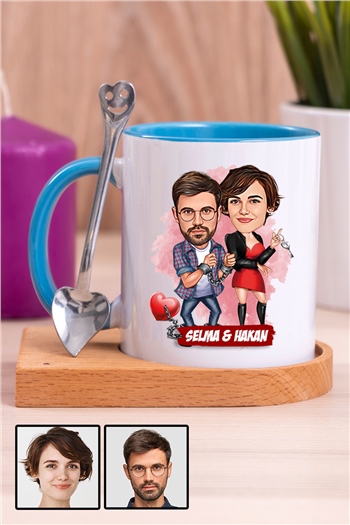 Sevgililere İlginç Hediye  Karikatürlü Ahşap Altlıklı İçi Renkli Kupa Bardak