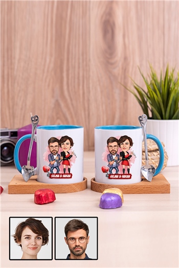 Sevgililere İlginç Hediye  Karikatürlü İkili Ahşap Altlıklı İçi Renkli Kupa Bardak