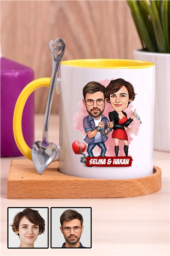 Sevgililere İlginç Hediye  Karikatürlü Ahşap Altlıklı İçi Renkli Kupa Bardak