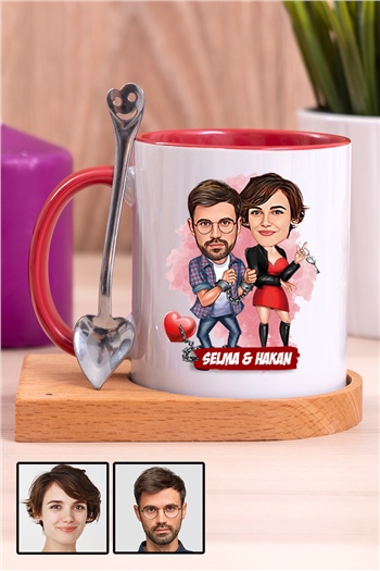 Sevgililere İlginç Hediye  Karikatürlü Ahşap Altlıklı İçi Renkli Kupa Bardak