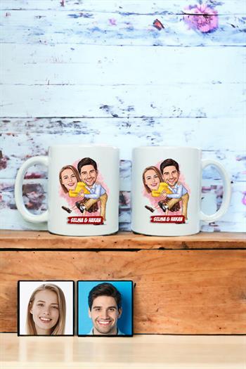 Sevgililere Komik Hediye Dans Eden Çiftler Karikatürlü İkili Beyaz Kupa Bardak