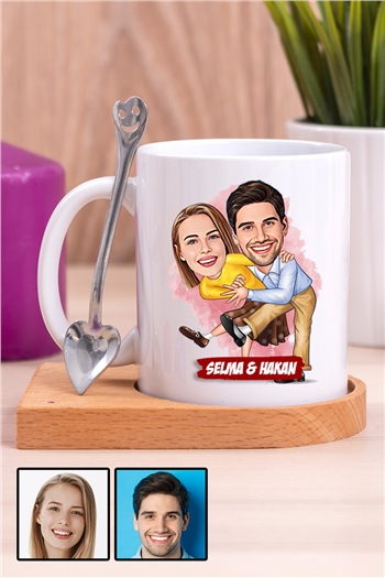 Kadın Sevgiliye Romantik Hediye Karikatürlü Ahşap Altlıklı Beyaz Kupa Bardak