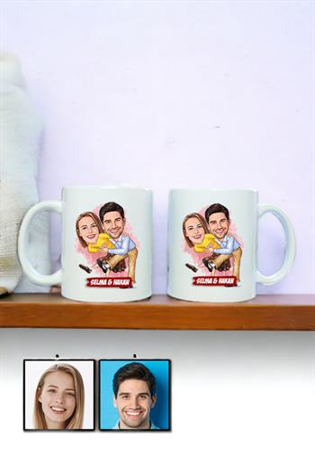 Sevgililere Komik Hediye Dans Eden Çiftler Karikatürlü İkili Beyaz Kupa Bardak