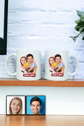 Sevgililere Komik Hediye Dans Eden Çiftler Karikatürlü İkili Beyaz Kupa Bardak