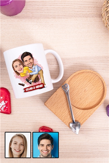 Kadın Sevgiliye Romantik Hediye Karikatürlü Ahşap Altlıklı Beyaz Kupa Bardak