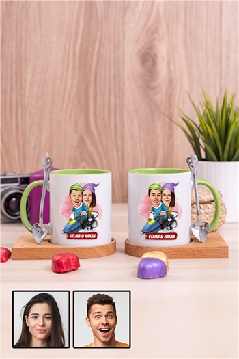 Bayan Sevgiliye Hediye Karikatürlü İkili Ahşap Altlıklı İçi Renkli Kupa Bardak