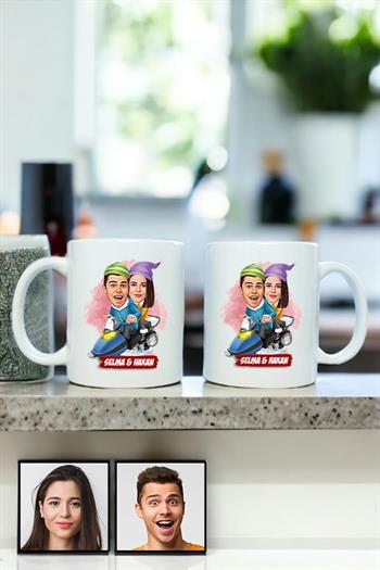 Sevgililere Komik Hediye Kış Temalı  Karikatürlü İkili Beyaz Kupa Bardak