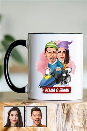 Sevgililere Komik Hediye Kış Temalı  Karikatürlü İçi Renkli Kupa Bardak