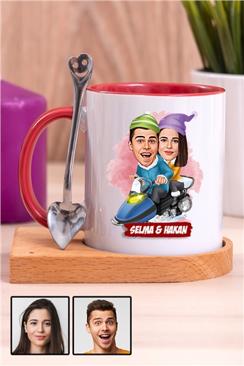 Kız Arkadaşa Romantik Hediye Karikatürlü Ahşap Altlıklı İçi Renkli Kupa Bardak